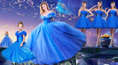 Hot Selling Off the Shoulder Short Sleeves Tulle Floor Length Lace Up Sweet 16 Dresses in Royal Blue with Appliques and Bowknot