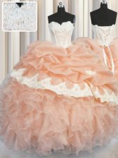 Exceptional Peach Lace Up Quinceanera Gown Appliques and Ruffles and Pick Ups Sleeveless Floor Length