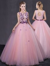 Decent Baby Pink Quinceanera Dress Military Ball and Sweet 16 and Quinceanera with Appliques Scoop Sleeveless Lace Up
