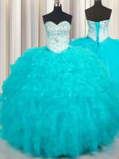 Elegant Floor Length Aqua Blue Ball Gown Prom Dress Tulle Sleeveless Beading and Ruffles