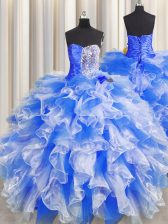 High Class Sweetheart Sleeveless Lace Up Sweet 16 Dress Blue And White Organza
