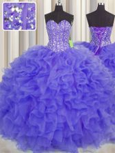 Stylish Visible Boning Lavender Ball Gowns Organza Sweetheart Sleeveless Beading and Ruffles and Sashes ribbons Floor Length Lace Up 15 Quinceanera Dress