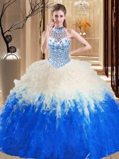 Cute Tulle Halter Top Sleeveless Lace Up Beading and Ruffles 15 Quinceanera Dress in Blue And White