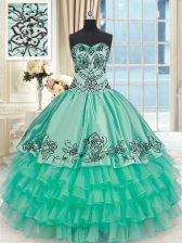 Custom Design Embroidery and Ruffled Layers Quinceanera Gowns Turquoise Lace Up Sleeveless Floor Length