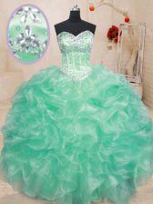  Apple Green Organza Lace Up Sweetheart Sleeveless Floor Length Sweet 16 Dress Beading and Ruffles