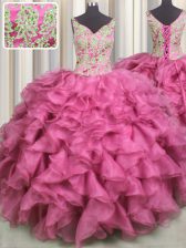 Clearance V Neck Floor Length Rose Pink 15th Birthday Dress Organza Sleeveless Beading and Ruffles