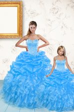 Beautiful Sweetheart Sleeveless Quinceanera Gowns Floor Length Beading and Ruffles and Pick Ups Baby Blue Organza