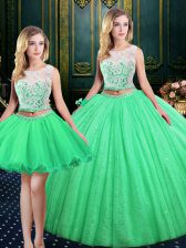 Excellent Three Piece Scoop Tulle and Sequined Lace Up 15 Quinceanera Dress Sleeveless Floor Length Lace and Sequins