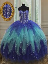 Suitable Floor Length Royal Blue and Aqua Blue Sweet 16 Quinceanera Dress Tulle Sleeveless Beading and Ruffles