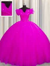  Off The Shoulder Fuchsia Tulle Lace Up Quince Ball Gowns Short Sleeves With Train Court Train Ruching