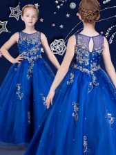  Scoop Sleeveless Organza Floor Length Zipper Party Dresses in Royal Blue with Beading and Appliques