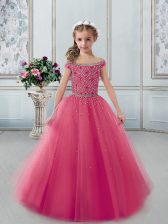 Amazing Off the Shoulder Cap Sleeves Floor Length Beading Lace Up Kids Pageant Dress with Coral Red