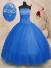 Top Selling Floor Length Blue Vestidos de Quinceanera Strapless Sleeveless Lace Up