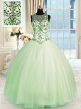 Cheap Scoop Floor Length Lace Up Sweet 16 Dresses Apple Green for Military Ball and Sweet 16 and Quinceanera with Beading
