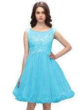 Artistic Knee Length Baby Blue Prom Evening Gown Organza Sleeveless Beading and Appliques
