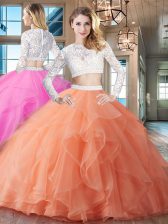  Scoop Orange Long Sleeves Beading and Lace and Ruffles Zipper Quinceanera Gown