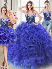 Eye-catching Three Piece Royal Blue Sweetheart Neckline Beading and Ruffles Sweet 16 Dress Sleeveless Lace Up