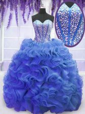 Cheap Sleeveless Beading and Ruffles Lace Up Quinceanera Dress with Royal Blue Sweep Train