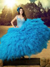 New Arrival Straps Sleeveless Quinceanera Gowns Floor Length Beading and Ruffles Baby Blue Tulle