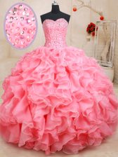 Sophisticated Pink Ball Gowns Organza Sweetheart Sleeveless Beading and Ruffles Floor Length Lace Up Sweet 16 Quinceanera Dress