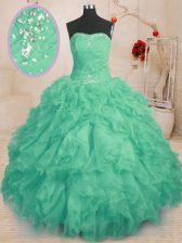 Extravagant Turquoise Strapless Neckline Beading and Ruffles and Ruching Quinceanera Gown Sleeveless Lace Up