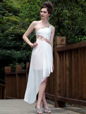 Traditional One Shoulder White Sleeveless Ankle Length Appliques Side Zipper Prom Dresses
