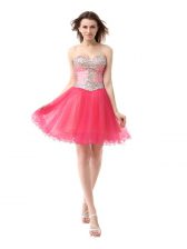  Knee Length Zipper Prom Dress Coral Red for Prom and Party with Beading