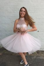  Knee Length Baby Pink Prom Party Dress High-neck Sleeveless Criss Cross