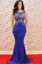  Mermaid Scoop Royal Blue Prom Party Dress Elastic Woven Satin Sweep Train Sleeveless Beading and Appliques