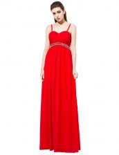 Sexy Red Empire Beading Dress for Prom Side Zipper Chiffon Sleeveless Floor Length
