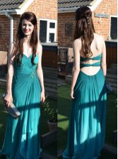  Teal Sleeveless Floor Length Ruching Backless Prom Evening Gown