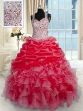 Exquisite Red Organza Zipper Straps Sleeveless Floor Length Sweet 16 Quinceanera Dress Beading and Ruffles