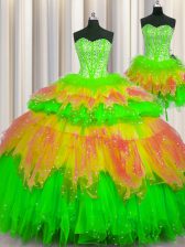  Three Piece Visible Boning Sleeveless Tulle Floor Length Lace Up 15th Birthday Dress in Multi-color with Beading