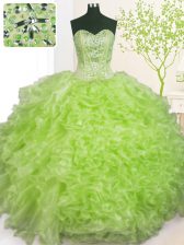 Simple Sleeveless Organza Floor Length Lace Up Quinceanera Gown in Yellow Green with Beading and Ruffles and Pick Ups