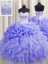 Nice Visible Boning Lavender Organza Lace Up Vestidos de Quinceanera Sleeveless Floor Length Beading and Ruffles and Pick Ups