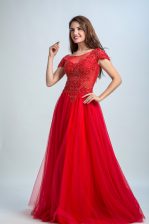  Bateau Cap Sleeves Prom Dresses Floor Length Lace Red Tulle