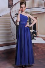  Chiffon One Shoulder Sleeveless Side Zipper Beading and Pleated Evening Dress in Royal Blue