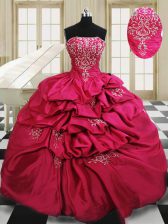  Hot Pink Ball Gowns Beading and Embroidery and Pick Ups Quinceanera Gowns Lace Up Taffeta Sleeveless Floor Length