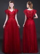 Dazzling Wine Red Empire Tulle and Lace V-neck Short Sleeves Appliques and Belt Floor Length Zipper Prom Evening Gown