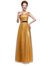 Extravagant Gold Sequined Zipper Scoop Cap Sleeves Floor Length Beading and Sequins and Belt