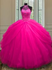  Hot Pink Ball Gowns Halter Top Sleeveless Tulle Floor Length Lace Up Beading and Sequins 15 Quinceanera Dress