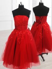  Red Strapless Neckline Embroidery Prom Party Dress Sleeveless Lace Up