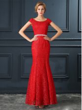 Luxurious Mermaid Red Prom Party Dress Prom and Party with Beading Scoop Cap Sleeves Lace Up