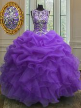  Organza Scoop Sleeveless Lace Up Beading and Ruffles and Pick Ups Quinceanera Dress in Purple