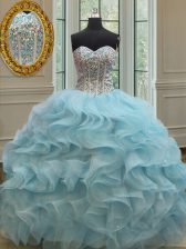 Excellent Baby Blue Organza Lace Up Quinceanera Dress Sleeveless Floor Length Beading and Ruffles and Sequins