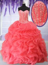 Dynamic Watermelon Red Organza Lace Up Sweet 16 Dress Sleeveless Floor Length Beading and Ruffles