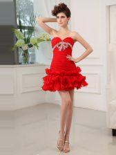 Great Mini Length Lace Up Red for Prom and Party with Beading and Ruffled Layers