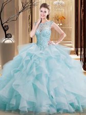  Scoop Light Blue Sleeveless Beading and Ruffles Lace Up Ball Gown Prom Dress
