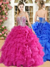  Hot Pink Lace Up Quinceanera Dress Lace and Ruffles Sleeveless Floor Length
