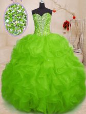 Glittering Sweetheart Sleeveless Quinceanera Gowns Floor Length Beading and Ruffles Organza
